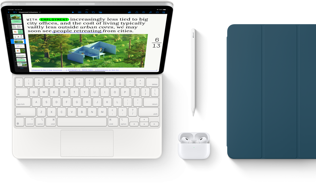 Smart Keyboard Folio, Apple Pencil, AirPods Pro i iPad Cover u morski plavoj.