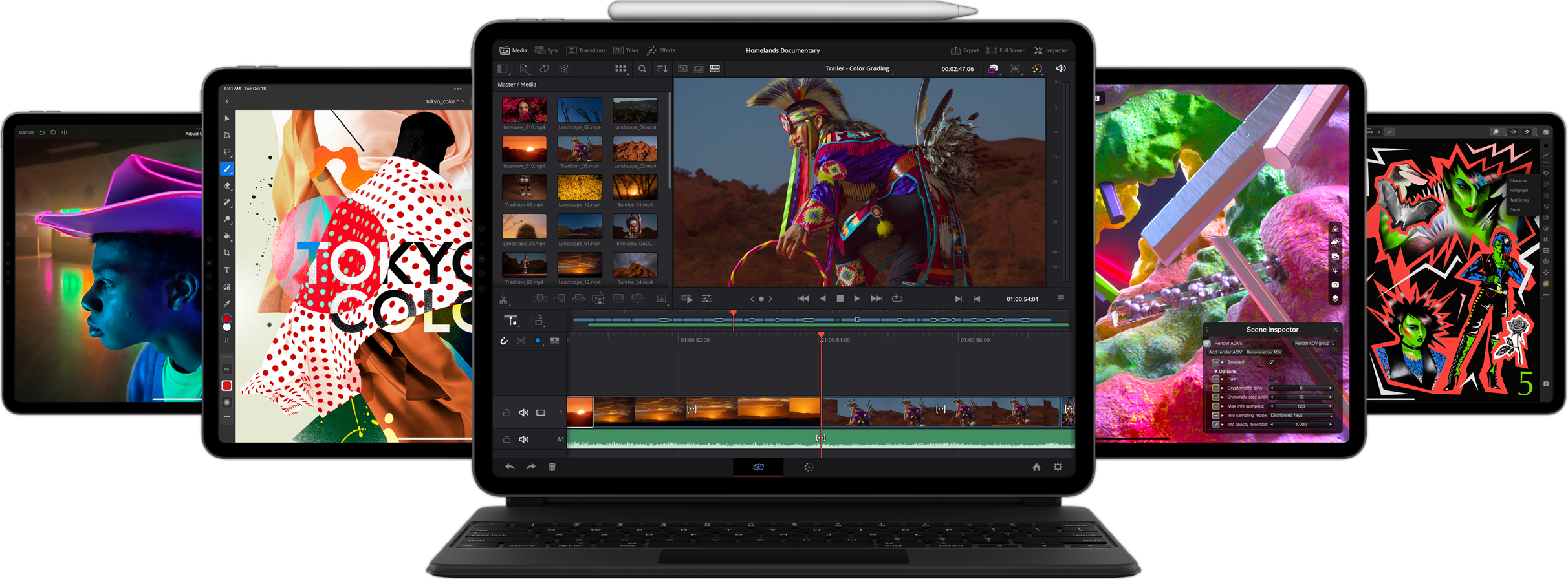Prikaz iPada Pro sprijeda, s priključenim Smart Keyboard Foliom i Apple Pencilom. Na zaslonu je aplikacija Resolve za iPad, a u pozadini su drugi iPad uređaji.