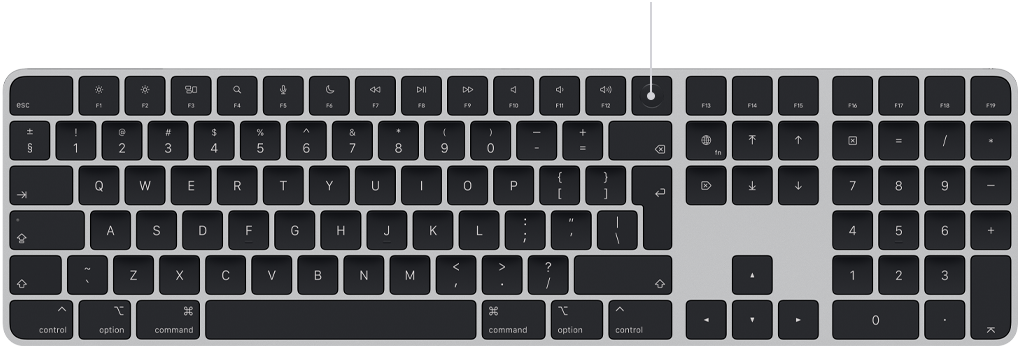 Istaknuta tipka Touch ID na tipkovnici Magic Keyboard iznad tipke Delete