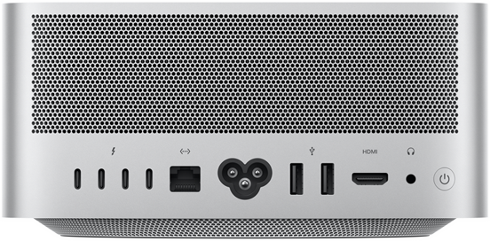 Pogled na stražnju stranu Mac Studija s četiri priključka Thunderbolt 4, jednim 10-gigabitnim Ethernet priključkom, jednom utičnicom za električni kabel, dva priključka USB-A, jednim priključkom HDMI, jednim priključkom za slušalice od 3,5 mm i gumbom za uključivanje/isključivanje