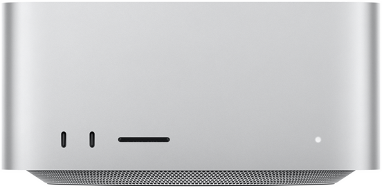 Pogled na prednju stranu Mac Studija s dva USB-C priključka u donjem lijevom uglu, utorom za karticu SDXC, svjetlosnim indikatorom u donjem desnom uglu i ventilacijskim otvorima vidljivima odozdo