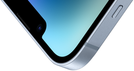 Gornji lijevi kut iPhonea 14 sa Ceramic Shieldom s prednje strane.